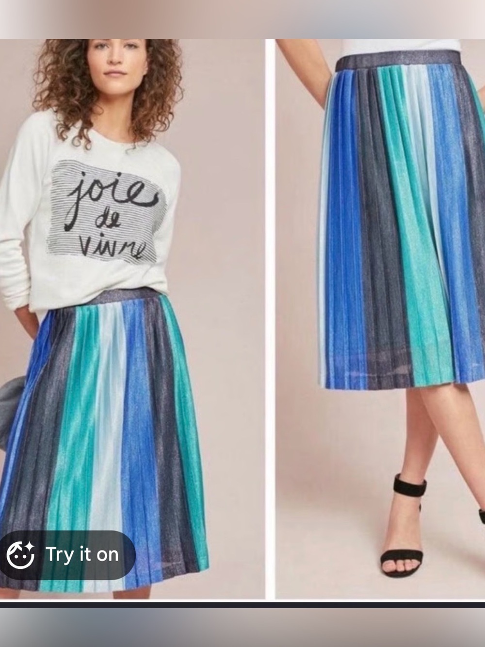 Anthropologie Striped Pleated Midi Skirt in Blue, Teal, Gray